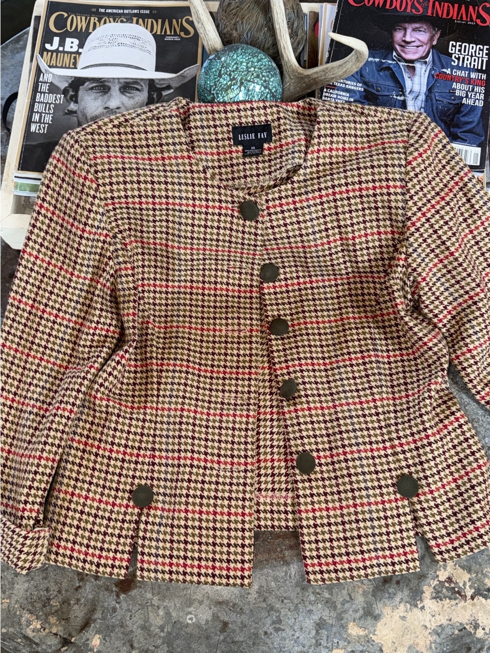 Leslie Fay Houndstooth Blazer in Red, Black & Cream